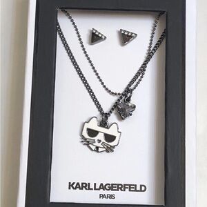 Karl Lagerfeld Paris Choupette Layered Pendant Necklace & Stud Earring Set NIB